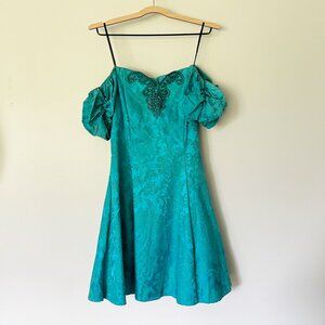 VTG Jessica McClintock Gunne Sax Dress Size 11/12 Teal Jacquard Embroidered